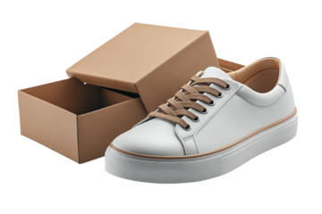 White sneaker shoe beside brown box on a white background.
