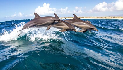 Fototapeta premium Dolphins leaping ocean waves