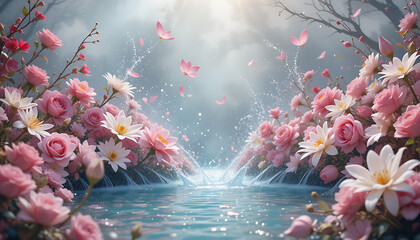 Enchanting spring garden scene with pink flowers and a gentle waterfall flowing into a serene pond with falling petals and sunlight rays