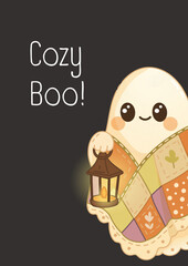 Cute Halloween ghost postcard with cozy theme