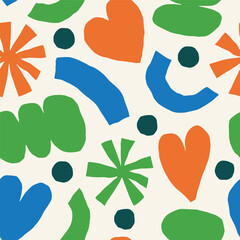 Playful Hand-Drawn Shapes and Hearts Seamless Pattern. Whimsical, Hand Drawn Seamless Texture with Organic Hearts, Abstract Floral Bursts, Dots, and Bold Geometric Shapes