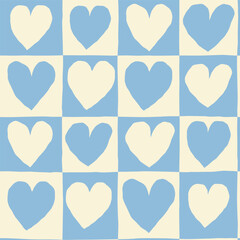 Hand-Drawn Heart Checkered Seamless Pattern. Cute and Simple Texture with Hearts and Squares. Modern Romantic Background