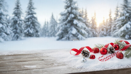 Christmas Composition on Wooden Table in Forest
