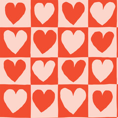 Hand-Drawn Heart Checkered Seamless Pattern. Cute and Simple Texture with Hearts and Squares. Modern Romantic Background