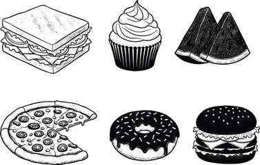 Fast food and snack hand drawn illustrations with sandwich, cupcake, pizza, donut, hamburger, and watermelon in vintage sketch silhouette style