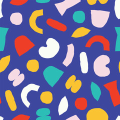 Playful Abstract Seamless Pattern with Colorful Hand-Drawn Shapes. Modern Bold Texture with Organic Shapes. Cute and Naive Background