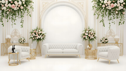 Elegant modern living room interior with white sofa, golden accents, decorative plants, and floral arrangements creating a luxurious and stylish atmosphere.