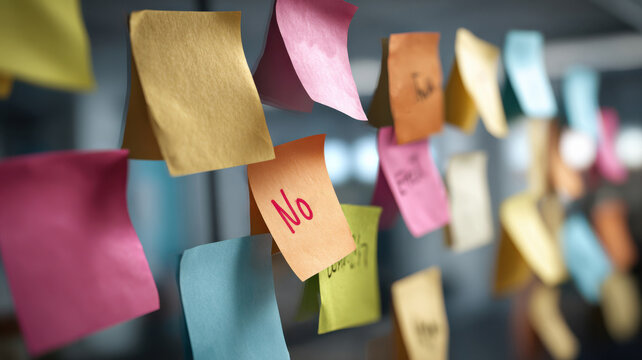 Torn sticky notes with insults, workplace harassment