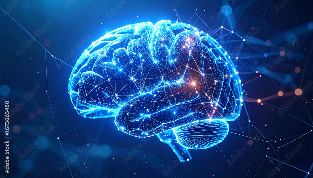 Poster illuminating the mind: an intricate illustration showcasing the human brain, alive with radiant neur