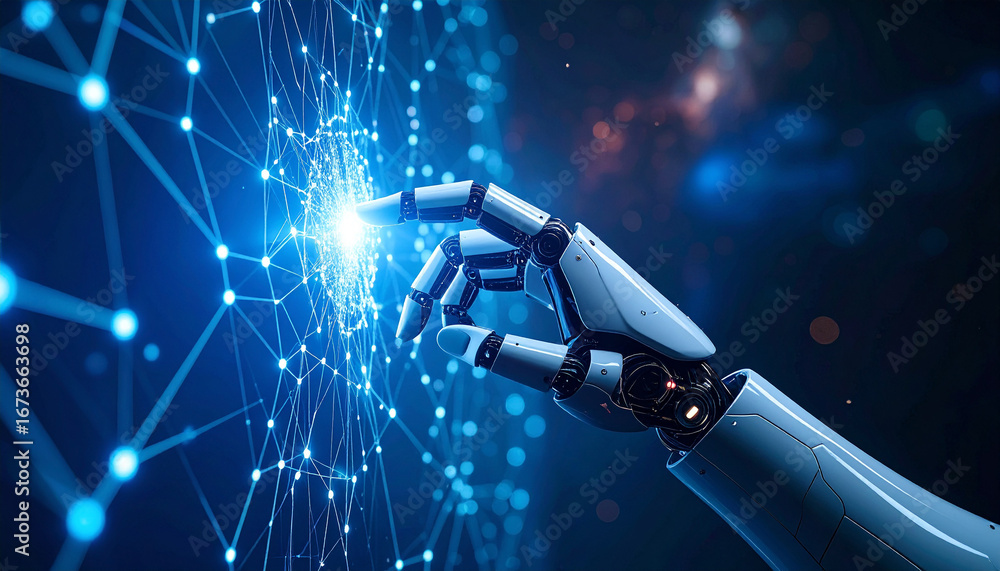 Poster digital touch: a futuristic robotic hand interacts with a complex, illuminated digital network. this
