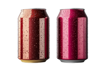 Two vibrant soda cans with droplets, showcasing refreshing beverages on a white isolated background.