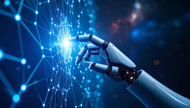 Digital touch: A futuristic robotic hand interacts with a complex, illuminated digital network. This photo encapsulates cutting-edge technology and innovation. 