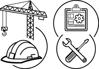 Vector set of black construction building and crane icons for site design illustration