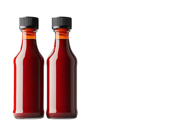 Two glass bottles filled with rich, red sauce against a white isolate background.
