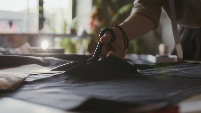 Close-up with lens flare of hand of anonymous seamstress cutting pattern from fabric with scissors, while creating new clothing collection in artisan couture studio at daytime