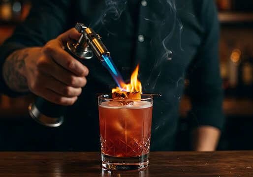 Bartender flambeing a cocktail with a blow torch