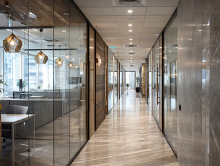 Fototapeta premium Mockup. Modern office corridor with glass partitions and elegant lighting in a high-rise building during daytime