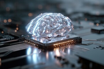 Futuristic depiction of a glowing brain on a microchip in a high-tech environment representing artificial intelligence