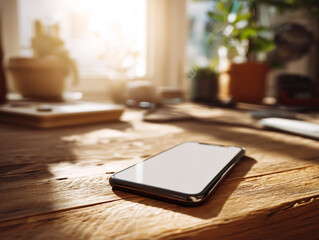 Mockup. Smartphone resting on wooden table by window in cozy workspace illuminated by warm sunlight