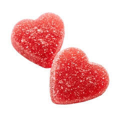 Two vibrant red sugar coated gummy heart candies, gently floating, isolated on a transparent background, ready for your sweet design.