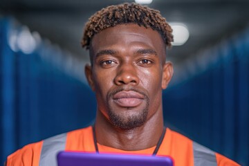 Male warehouse worker dressed in orange uniform checks stock levels in a busy distribution center during daylight hours
