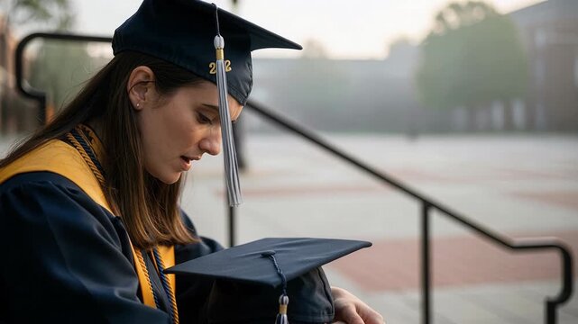 Sad woman sighing and crying while wiping tears expressing sorrow of graduate leaving university and ending student life