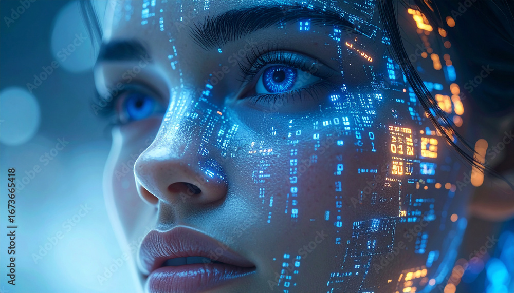 Poster digital harmony: a captivating vision of future fusion, merging human features with intricate digita