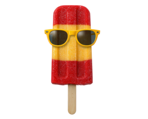 Cartoon ice cream popsicle with sunglasses, red and yellow striped, isolated on white, playful and fun summer treat, cool and refreshing vibe
