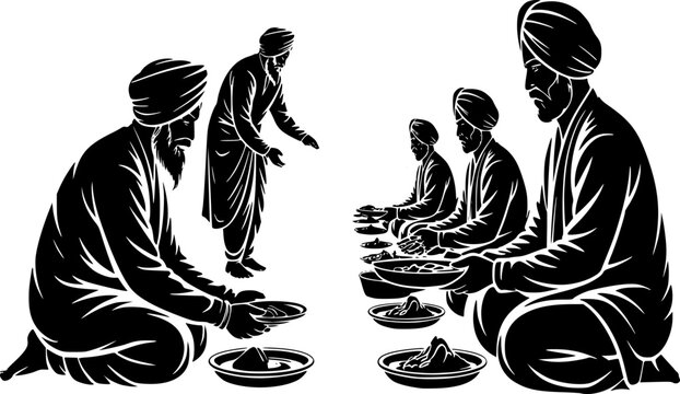 Sikh Langar Service Vector Illustration &ndash; Concept in Black Silhouette Style