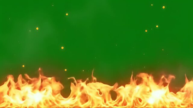 Realistic fire flames with glowing embers on green screen background for chroma key compositing effect
