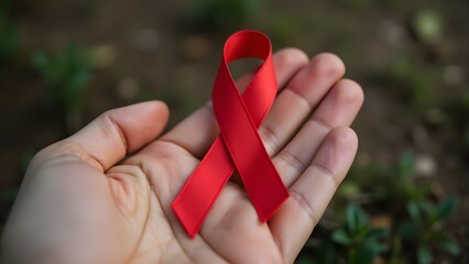 Female hands holding red ribbon HIV, AIDS awareness ribbon, healthcare and medicine concept. copy space.