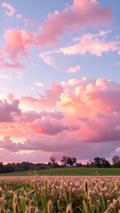 Obraz premium Landscape of a flowering field and a sunset with lots of pink clouds