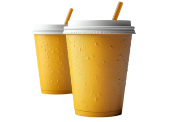 Two refreshing cold drinks in disposable cups with straws, perfect for quenching thirst on a hot day.