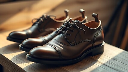 Handmade leather shoes showcased on a wooden surface with natural lighting.