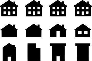 Fototapeta premium Flat black icons in a uniform style, arranged in a grid, representing urban and housing themes: homes, apartments, hospitals, and sold signs, all simple and stylized without detail.