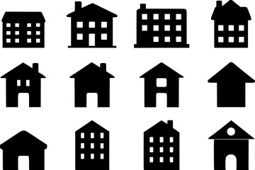 Fototapeta premium Flat black icons in a uniform style, arranged in a grid, representing urban and housing themes: homes, apartments, hospitals, and sold signs, all simple and stylized without detail.