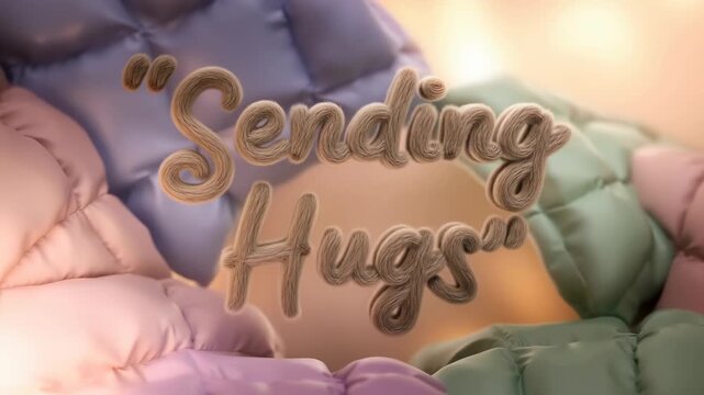 Sending hugs message offers comfort support care person puffy jacket embraces words conveying warmth empathy emotional connection symbol friendship love support during difficult times gesture kindness