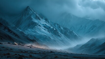 Fototapeta premium Ethereal Alpine Majesty: A Serene Mountainscape Wrapped in Mist and Mystery