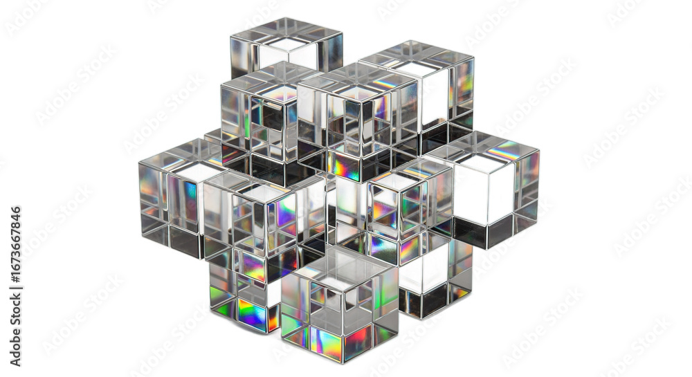 Poster abstract transparent cubic glass structure on black background with holographic reflection and geome