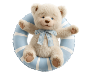 Cute teddy bear blue swim ring striped bow plush toy playful summer isolated transparency background cheerful childhood