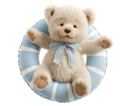 Cute teddy bear blue swim ring striped bow plush toy playful summer isolated transparency background cheerful childhood