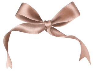 Watercolor satin pink bow isolated on white background. Hand drawn illustration with ribbon, elegant decorative bow.