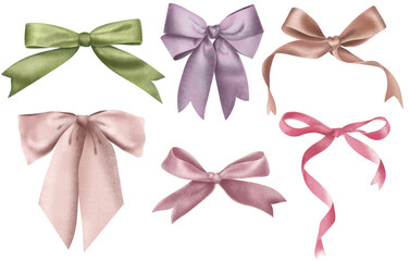 Watercolor satin pink, purple, green bows isolated on white background. Set of bow illustrations. Hand drawn illustration with ribbon, elegant decorative bow.