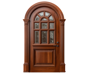 Arched wooden door with glass panels, ornate carved details, and rich brown finish, classic architectural style, elegant and inviting entrance for home or building