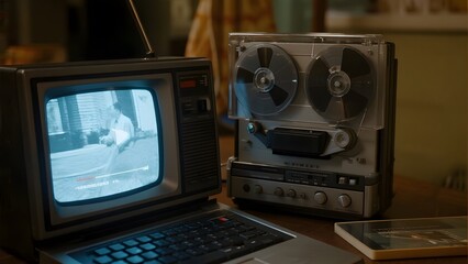 Retro television displaying a scene, beside a tape recorder and laptop on a wooden desk