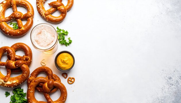 A delicious arrangement of soft pretzels served with mustard and beer, garnished with fresh parsley on a light background.