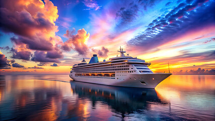 Majestic cruise ship sails across calm ocean waters reflecting a vibrant and colorful sunset sky with dramatic clouds