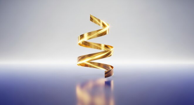 Elegant golden spiral helix floats over a reflective surface. Abstract 3D rendering of a luminous metallic shape with a glowing effect