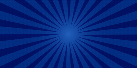 Comic background. Pop art texture. Starburst cartoon style. Anime design with explosion effect for print. Fun dot pattern. Blue backdrop with halftone gradient. Funny line frame. Vector illustration