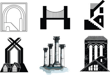 Architectural structure silhouette set, arch, bridge, stairs, tower, monument, ancient columns, modern building vector illustration for architecture, construction, heritage and design projects